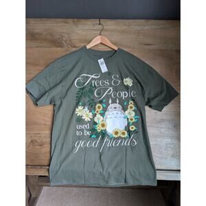 NWT My Neighbor Totoro Outline Quote T-Shirt Mens Large Green Floral Crew Neck